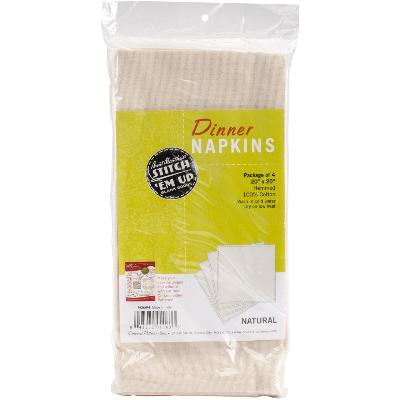 Aunt Martha's Stitch 'em Up Dinner Napkins 20"X20" 4/Pkg-Natural